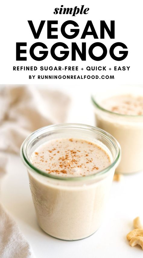 This simple vegan eggnog can be made in your blender in minutes! Enjoy this wonderful, rich and delicious drink during the holidays. It's perfect on its own or amazing served over ice with a splash or rum or whiskey, frothed for an eggnog latte or used in a smoothie. Whole30 Drinks, Vegan Eggnog Recipe, Running On Real Food, Eggnog Recipe Homemade, Vegan Cocktails, Eggnog Latte, Vegan Eggnog, Vegan Drinks Recipes, Bulletproof Coffee Recipe