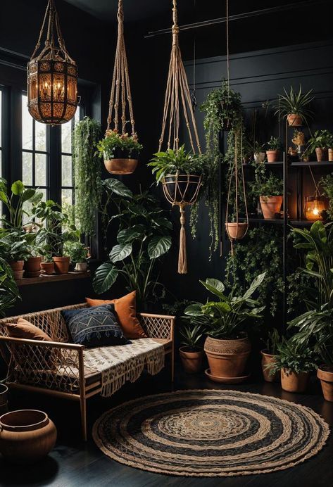 Imagine stepping into a living room where shadows dance gracefully with light, where every corner tells a story of mystique and comfort. This isn't just any Plant Living Room Aesthetic Bohemian, Black And Green Sunroom, Goth Chic Living Room, Dark Living Room With Plants, Modern Tea Room Design, Dark Room With Plants, Dark Colored Living Rooms Ideas, Dark Plant Room Aesthetic, Dark Plant Room