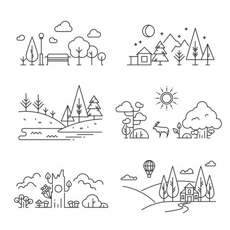 Nature landscape outline icons with tree... | Premium Vector #Freepik #vector #background Landscape Outline, 심플한 그림, Landscape Design Drawings, Arte Doodle, Doodle Art Journals, Pola Sulam, Easy Doodle Art, Easy Doodles Drawings, Mini Drawings