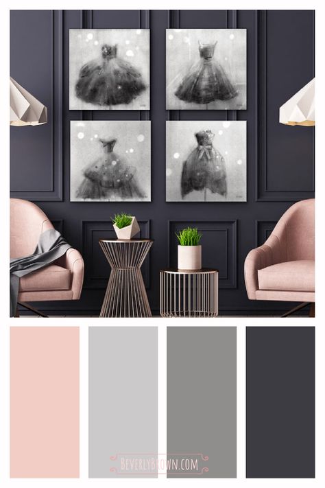 A gallery wall of black, white and grey vintage-inspired fashion art prints by New York artist, Beverly Brown, are the inspiration of this chic, feminine interior color palette of blush pink & light grey with dark charcoal grey walls. The fashion artwork is for sale through BeverlyBrown.com in multiple sizes on fine paper, stretched canvas, metal or acrylic with optional framing. Pink And Grey Pallet Colour Palettes, Grey Pink Colour Palette, Pink Tan And Grey Living Room, Grey And Black Color Schemes, Black White And Pink Decor, Charcoal Colour Palette, Colors That Go With Grey, Grey And Blush Bedroom Ideas, Colours That Go With Black