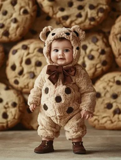 ↑↑↑ Larger size on website 🔸 A baby is wearing a fuzzy brown teddy bear costume with chocolate chip accents. The baby is standing Large Chocolate Chip Cookies, Teddy Bear Big Body Small Head, Teddy Bear Costume, Brown Teddy Bear, Bear Costume, Adorable Baby, Chip Cookies, Chocolate Chip Cookies, Chocolate Chip