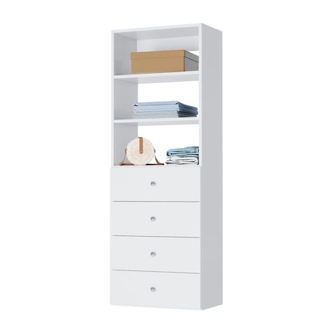 PRICES MAY VARY. SHELF TOWER WITH 4 DRAWERS - the perfect mix of drawers & shelves to organize your closets with ease and style! Unit is 25.5" wide and can hold up to 350 lb. Comes with chrome drawer knobs & all the necessary installation hardware. PATENTED SYSTEM - our modular system installs right onto the wall of your closet. It makes planning your design really simple, and is the strongest closet organizers and storage system on the market. BUILT IN CLOSET ORGANIZER SYSTEMS - this shelving t Closet System With Drawers, Modular Closet System, Wide Closet, Modular Closet, Built In Closet, Corner Closet, Closet Shelving, Modular Closets, Closet Kits