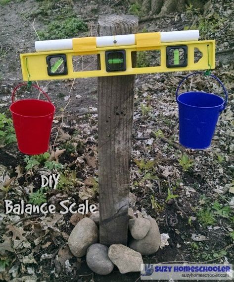 Make a simple balance scale for your backyard. Diy Kids Playground, Preschool Playground, Outdoor Learning Spaces, Outdoor Play Spaces, Balance Scale, Outdoor Play Areas, Kids Outdoor Play, School Playground, Natural Playground