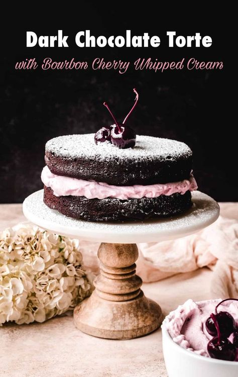 Dark chocolate and cherries make for an ideal flavor pairing. This simple layered cake takes these complementary flavors and makes them sing by using prepared ingredients in a fun, new way! Cherry Whipped Cream, Chocolate Layered Cake, Whipped Cream Filling, Cherry Frosting, Flavor Pairing, Bourbon Cherries, Bing Cherries, Chocolate Torte, Stonewall Kitchen