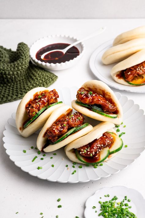 Korean Fried Chicken Bao Buns Korean Chicken Bao Buns Recipe, Korean Chicken Bao Buns, Korean Bao Buns, Bao Buns Recipe Chicken, Chicken Bao Buns Recipe, Korean Fried Chicken Bao, Korean Chicken Bao, Gochujang Dipping Sauce, Chicken Bao Buns