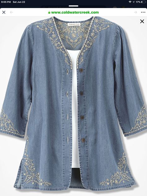 Light Denim Outfit, Jeans Refashion, Fancy Shirt, Striped Linen Shirt, Knit Denim, Women's Jackets, Stylish Dress Designs, Embroidery Fashion, Embroidered Jacket