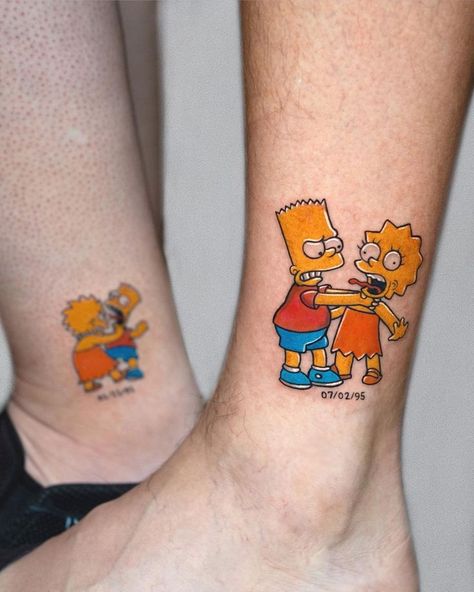 Brother And Sister Tattoos, Bart And Lisa, Bart And Lisa Simpson, Simpsons Tattoo, Brother Sister Tattoo, Sibling Tattoos, Tatuaje A Color, Shoulder Tattoos For Women, Matching Tattoo