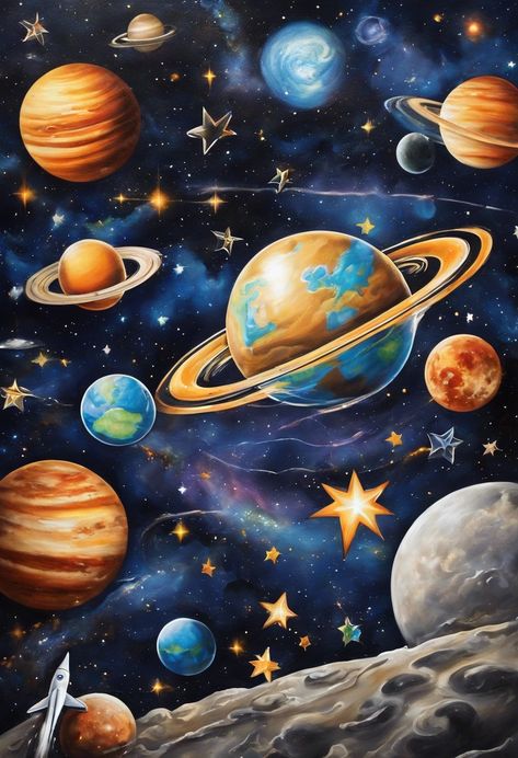 Space scene mural Check more at https://paintlyx.com/space-scene-mural/ Painting Of Space And Planets, Astronomical Painting, Planet Pattern, Studying History, Baby First Birthday Themes, Solar System Art, Nebula Wallpaper, Space Scene, Planet Painting