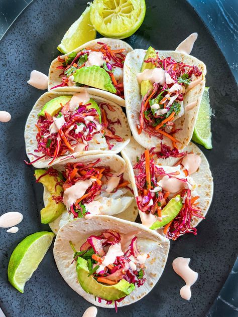 BEST Baked Fish Tacos Recipe Fish Taco Recipes Healthy, Best Baked Fish, Mexican Coleslaw, Mexican Slaw, Baked Fish Tacos, Chili Lime Vinaigrette, Corn Salsa Recipe, Lime Crema, Mexican Side Dishes