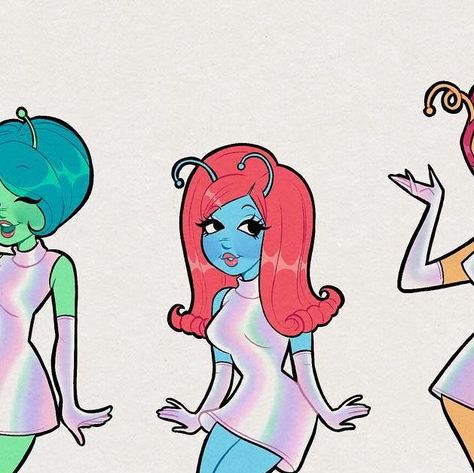 reign ✿ on Instagram: "introducing “The Stardust Sisters”! The Stardust Sisters are a 1960s themed alien pop group consisting of members (left to right): Starri, Cosima, Bellatrix, and Estrella. each member is from a different galaxy/planet, but they are loved by all :] let me know who your favorite member is !!! • • • • 🏷️: #art #myart #oc #myoc #ocart #originalcharacter #originalcharacterart #1960s #60s #historicaloc #vintage #retro #digitalart #digitalartist #artist #artwork #sketch #doodle Retro Alien Art, Planet Astethic, 50s Alien, Alien Girl Oc, 60s Alien, Alien Girl Art, Retro Space Girl, Alien Oc Art, 60s Futurism