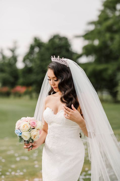 Bride Bridal Fishtail Dress Gown Fit & Flare Tiara Veil Bouquet Rose Hydrangea Brewerstreet Farmhouse Wedding Danielle Smith Photography #Bridedress #Bridaldress #FishtailDress #weddingGown #FitandFlare #weddingTiara #weddingVeil #weddingdress #wedding Hollywood Waves With Veil And Tiara, Wedding Hair Down With Tiara And Veil, Bridal Hair Down With Veil And Tiara, Wedding Dress With Tiara And Veil, Tiara And Veil Wedding Hair Down, Veil With Tiara Hair Down, Bride With Tiara And Veil, Tiara With Veil Wedding, Wedding Hair Down Tiara