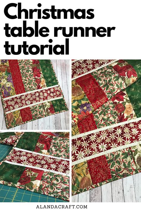 This is a nice easy Christmas sewing project that would suit a confident beginner. Easy to piece together using strips of fabric. Free step-by-step instructions both written and video. Beginner Quilting Table Runner, Beginner Fabric Projects, Christmas Table Runner Tutorial, Easy Table Runners Diy, Free Jelly Roll Table Runner Patterns, Quilted Placemat Patterns Free, Quilt Christmas Table Runner, Easy Christmas Table Runner Free Pattern, Christmas Table Runners Diy Easy