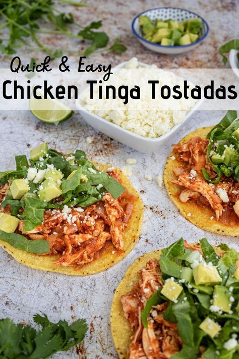 These chicken tinga tostadas are easy to make and full of flavor! Easily customizable, they are perfect for a crowd or picky eaters! Try our tinga shrimp tostadas variation too! Chicken Tinga Tostadas, Tinga Tostadas, Mineral Balancing, Baked Tostadas, Rv Meals, Shrimp Tostadas, Chicken Tinga, Tostada Recipes, Easy Summer Dinners