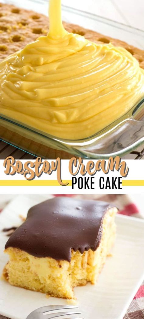 Cream Poke Cake, Boston Cream Poke Cake, Smores Dessert, Boston Cream Pie, Poke Cake Recipes, Brownie Desserts, Cake Party, Boston Cream, Poke Cakes