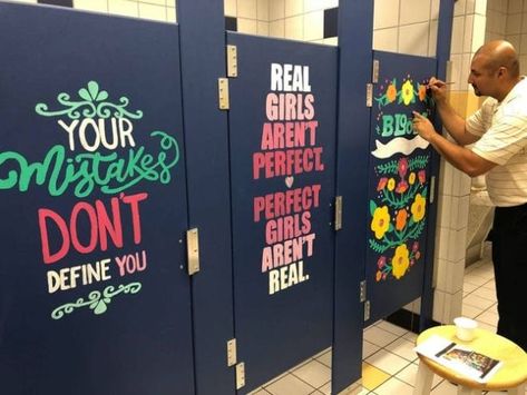 25 School Bathrooms That Will Inspire Students Every Day School Restroom, Bathroom Mural, School Improvement, School Bathroom, Bathroom Stall, School Hallways, Bathroom Quotes, School Culture, School Murals