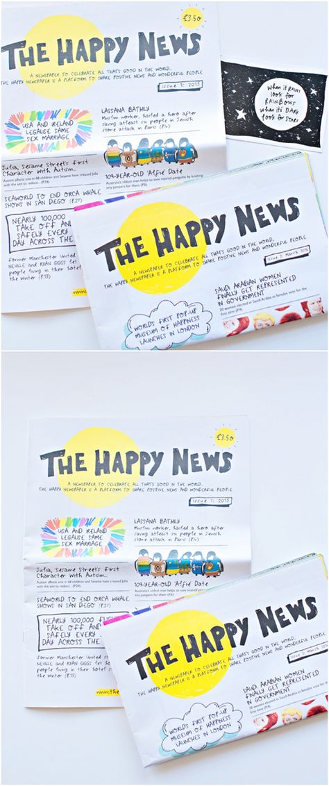 The Happy Newspaper is a Fun Way to Share Happy News Around The World. Such a good idea, a publication focused only on good things and wonderful people with happy illustrations. Great way to share good news with your kids! Happy Newspaper, Make Your Own Newspaper, Happy Illustrations, School Newspaper, Kids Art Studio, Beginner Reader, Kids News, Happy News, Positive News