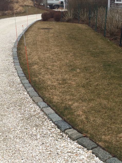 Belgium block driveway edging with structural turf overflow parking area Gravel Patio Border, Driveway Landscaping Edging, Gravel Driveway Edging, Gravel Driveway Landscaping, Patio Border, Landscaping Edging, Driveway Border, Driveway Edging, Driveway Entrance Landscaping