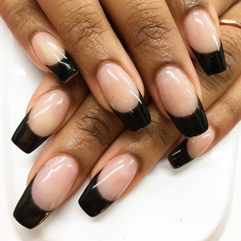 Black Overlay Nails, Pink Nails Black Tips, French Manicure Black Tips, Coffin Black French Tip Nails, Black French Coffin Nails, Black Tip French Manicure, Black French Tip Nail Ideas, Gold Nails French, French Tip Nails With Gems