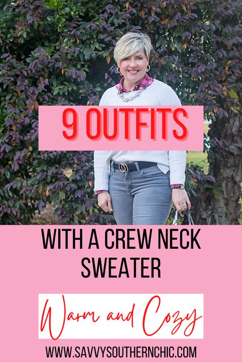 9 crew neck sweater outfits for women over 40. A crew neck sweater can be a winter wardrobe staple. Learn how to style this winter must have 9 ways. Lots of outfit inspo for winter. See these chic winter outfits with a crew neck sweater. Crewneck Outfit Dressy, Round Neck Sweater Outfit, Styling Crew Neck Sweater, Crew Neck Sweater Outfits, Women’s Crew Neck Sweatshirts, Tan And Black Striped Sweater Outfit, Sweater And Necklace Outfits, Crewneck Sweater Outfits Women, Collared Crewneck Outfit