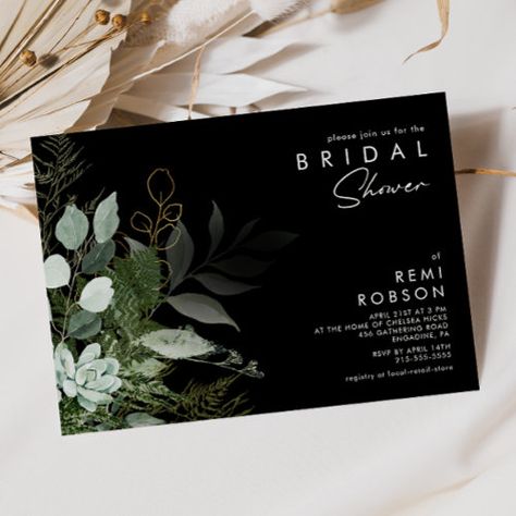 Greenery And Gold Leaf Black Bridal Shower Invitation #zazzle #weddinginvitations #birthdayinvitations #babyshowerinvitations #zazzleinvitations #monogram #businesscards #graduation #homedecor Forest Green Bridal Shower Ideas, White Eucalyptus, Green Bridal Showers, White Bridal Shower, Boho Beach Wedding, Eucalyptus Leaf, Minimal Gold, Bridal Invitations, Whimsical Watercolor