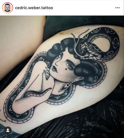 Snake Lady Tattoo, American Traditional Lady Head, Snake Tattoo Traditional, Traditional Tattoo Woman Face, Owen Jensen, Burlesque Tattoo, Traditional Tattoo Girls, Snake Lady, Traditional Tattoo Woman