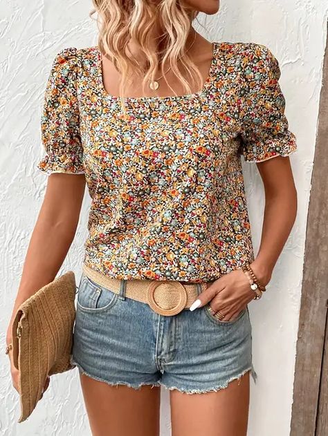 Summer Blouses For Women, Puff Sleeve Shirt, Two Piece Jumpsuit, Shirting Fabric, Summer Blouses, Women Blouses, Puff Sleeve Blouse, Floral Print Blouses, Puff Sleeve Top