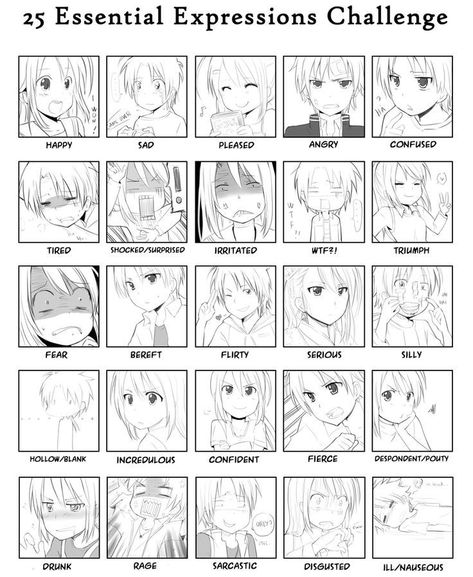 25 Essential Expressions, Expression Challenge, Facial Expressions Drawing, Drawing Face Expressions, Manga Tutorial, 얼굴 드로잉, Sketch Human, Drawing Examples, Manga Drawing Tutorials