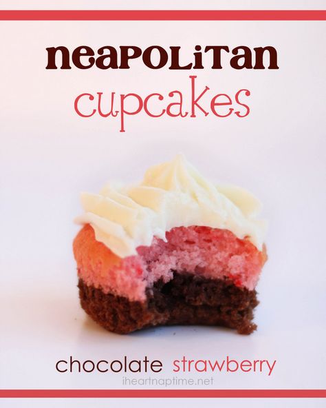 Neapolitan cupcakes! Brownie batter on bottom and strawberry cake mix on top with cream cheese frosting! Yum! #cupcakes #food Neopolitan Cupcakes, Color Cupcakes, Neapolitan Cupcakes, Holiday Bakes, Valentines Recipes, Deco Cupcake, Valentine Recipes, Strawberry Cake Mix, I Heart Naptime