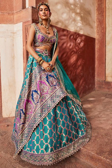 Teal Woven Silk Banarasi Lehenga Set Design by Aditi Gupta at Pernia's Pop Up Shop 2024 Meenakari Mirror, Aditi Gupta, Bandhani Pattern, Banarasi Lehenga, Haldi Outfit, Zardozi Work, Zardozi Embroidery, Padded Blouse, Embroidered Dupatta