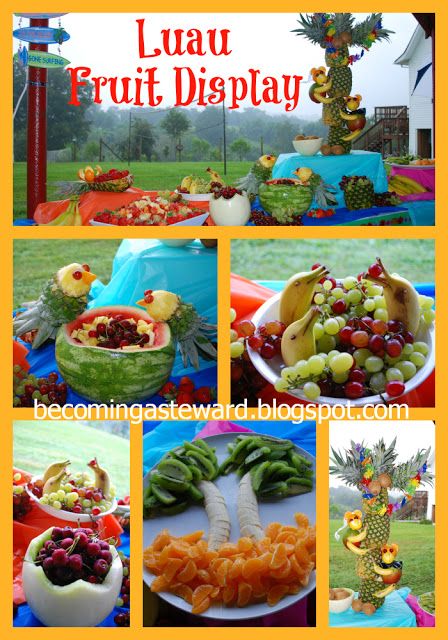 Great ideas for planning a fruit display for a birthday party a wedding or baby shower, a pool party, an outdoor wedding.  Pineapple tree, mango monkeys, banana dolphins, pineapple parrots and more! Luau Fruit Display, Fruit Display Ideas, Banana Dolphins, Pineapple Tree, Hawaiian Baby Showers, Dolphin Party, Party Fruit, Luau Baby Showers, Luau Birthday Party