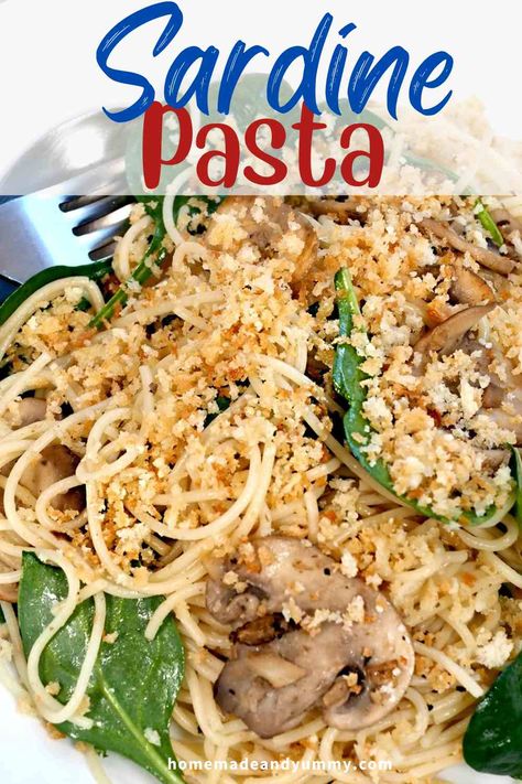 Sardine Pasta, Canned Sardines, Eating At Home, Mushrooms And Spinach, Pasta Noodle Recipe, Vegan Pasta Recipes, Lobster Recipes, Spaghetti Noodles, Vegetarian Pasta