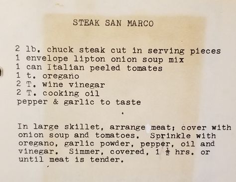 Steak San Marco Recipe, Hispanic Recipes, Grandma's Recipes, Lipton Onion Soup Mix, Steak Cuts, Hispanic Food, Grandmas Recipes, Onion Soup Mix, Chuck Roast