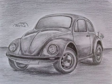 Car Drawing Pencil, Bugs Drawing, Pencil Drawing Tutorials, Pencil Shading, Art Drawings Sketches Pencil, Pencil Art Drawings, Car Drawings, Vw Bug, A Drawing