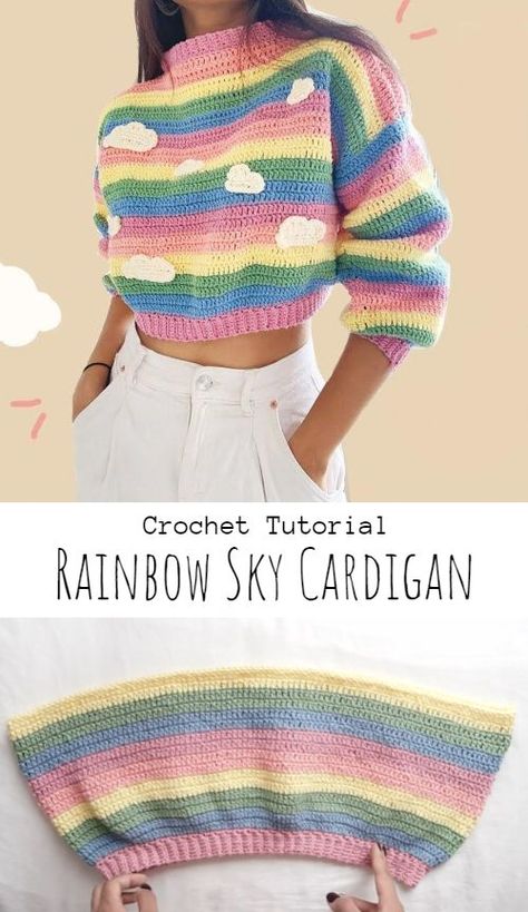 Cute Crochet Clothes Sweaters & Cardigans, Rainbow Crochet Sweater Pattern, Crochet Rainbow Sweater Pattern, Crochet Rainbow Clothes, Rainbow Yarn Crochet Projects, Rainbow Cardigan Crochet Pattern, Rainbow Cardigan Knitting Pattern, Crochet With Rainbow Yarn, Rainbow Cardigan Crochet