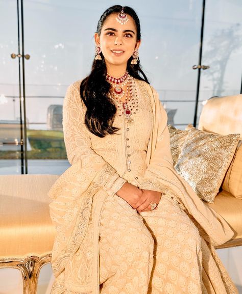 It was on January 19, 2023, when business tycoon, Mukesh Ambani’s youngest son, Anant Ambani got engaged to the love of his life, Radhika Merchant, on January 19, 2023. Since then, the entire internet has been flooded with stunning pictures and priceless videos. From their ring ceremony to the special dance performance by the elders of the Ambani clan, social media is abuzz with snippets from Anant and Radhika’s dreamy engagement ceremony in Antilia.
 
 Isha Ambani's ivory Anarkali from Anarkali Outfit, Ivory Anarkali, Anant Ambani And Radhika Merchant, Isha Ambani, Radhika Merchant, Anant Ambani, Chikankari Lehenga, Tulle Blouse, Sister Of The Groom