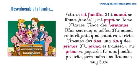 A simple description of a family in Spanish... This is part of the video about the family that we created for this lesson... you can check the pronunciation there. Buen día :) Family In Spanish, Spanish 101, Common Adjectives, Spanish Adjectives, Listening Activities, Spanish Lesson Plans, Spanish Teaching Resources, Spanish Verbs, Elementary Spanish