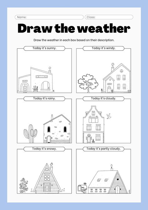 Blue Black and White Draw the Weather Worksheet - Templates by Canva What Is The Weather Like Worksheet, Worksheets For Kids English Activities, Weather Preschool Activities, Weather Worksheets For Kids, Kids English Worksheets, Worksheets For Kids English, Drawing Worksheets For Kids, Drawing Classroom, Weather Drawing