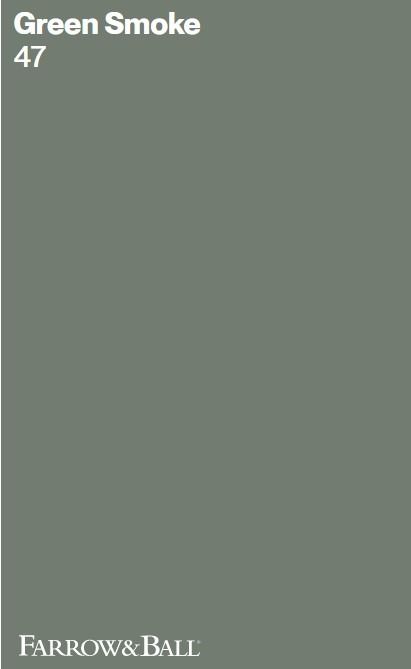 Farrow & Ball Green Smoke No 47 paint color swatch. #farrowandballgreensmoke #greenpaintcolors Pitch Black Farrow And Ball, Duck Green Farrow And Ball, Farrow And Ball Green Paint, Smoky Green Paint, Green Paint Swatches, Green Bedroom Inspirations, Farrow Ball Green, Farrow And Ball Green, Grey Beige Paint