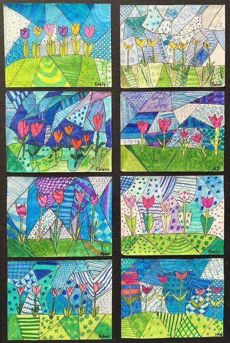 Spring Art Projects, Art Children, Tulips Art, 3rd Grade Art, Classroom Art Projects, Art Lessons For Kids, Elementary Art Projects, Easter Art, Spring Painting