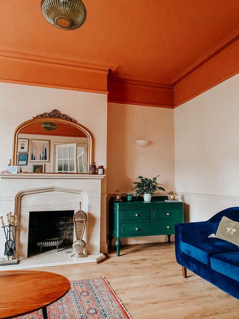 Dont forget about the 5th wall! Painting your ceiling can add serious depth to a room. 1930s Living Room, Terracotta Paint, Bedroom Color Combination, Living Room Redo, Colored Ceiling, Colourful Living Room, Bedroom Walls, Living Room Ceiling, Neutral Living Room