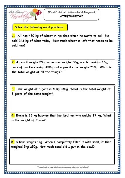 Grade 3 Maths Worksheets: (12.7 Word Problems on Grams and Kilograms) Measurement Third Grade, Capacity Worksheets, Worksheets High School, Measurement Word Problems, Third Grade Math Worksheets, Addition Words, Measurement Worksheets, Worksheets For Grade 3, 3rd Grade Math Worksheets