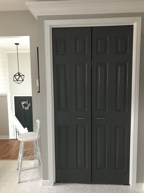 Dark Ash by Behr Pantry Door Makeover Dark Ash Behr Paint, Pantry Door Makeover, White Pantry, Dark Grey Paint, Dark Windows, Kitchen Design Color, Dark Ash, Behr Paint, Gray Paint