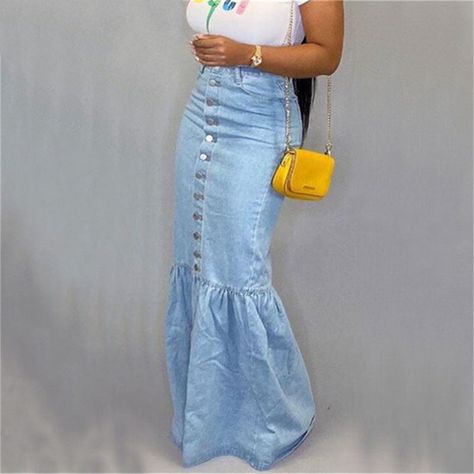 Button Down Denim Skirt, Long Jean Skirt, Skirt Ruffle, Stretchy Skirt, Denim Skirt Women, Perfect Prom Dress, Long Jeans, Body Con Skirt, Light Blue Denim