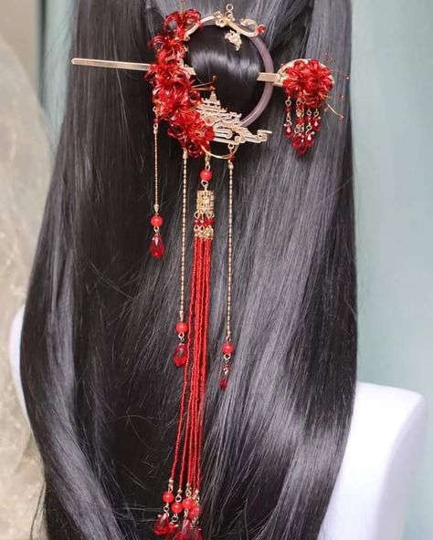 Red Spider Lily Hairpin, Spider Lily Hairpin, Bandana Hair Tutorials, Samurai Hair, Hanfu Accessories, Asian Accessories, Red Spider Lily, Hair Acessories, Flower Hairpin