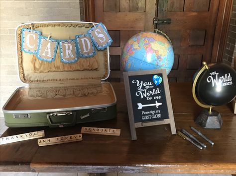 The World Awaits graduation party Party Themes College, Trunk Party, Senior Graduation Party, Graduation Open Houses, Travel Party Theme, Graduation Party Diy, Graduation Party Planning, College House, Graduation Party Themes