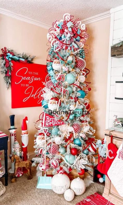 Christmas Tree Ribbon Combinations, Pink Blue Green Red Christmas Tree, Teal Red Pink Christmas, Red White And Teal Christmas Decor, Red And Teal Christmas Tree, Pencil Christmas Tree Decorations, Teal Christmas Tree Ideas, Christmas Tree Goals, Teal Christmas Tree