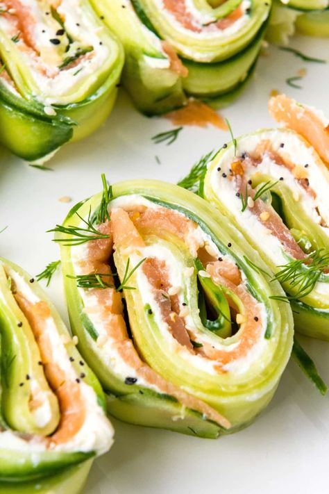 These super easy cucumber roll ups are filled with cream cheese and smoked salmon, making them the perfect appetizer and savory snack for warm summer days. Totally gluten-free with dairy-free option too. Watermelon Goat Cheese Salad, Fluffy Bread Recipe, Cucumber Roll Ups, Smoked Salmon Cream Cheese, Salad Cucumber, Cucumber Rolls, Salmon Roll, Cucumber Dill, Brunch Desserts