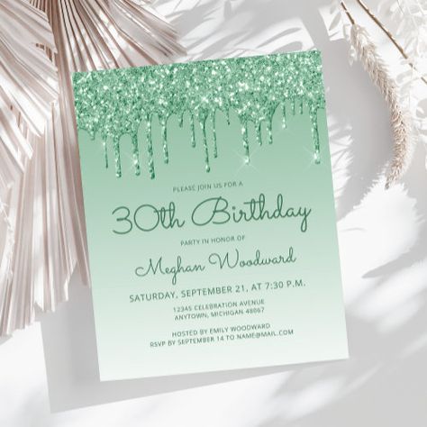 $1.27 | Budget Glitter Drip Green 30th Birthday Invitation - birthday party invitation, trendy, budget, handwriting script, glitter drip, glam, sparkle, 30th birthday, thirty, green Green 18th Birthday Party, 18th Birthday Invitation, Thirtieth Birthday, Handwriting Script, Ombre Background, Drip Design, Birthday Party Design, Thirty Birthday, 27th Birthday