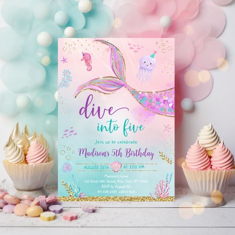 Five Birthday Party Ideas Girl, Dive Into Five Birthday Girl, Mermaid Pool Party, 5th Birthday Invitation, Mermaid Themed Birthday Party, Mermaid Pool Parties, Mermaid Pool, Fifth Birthday, Birthday Mermaid