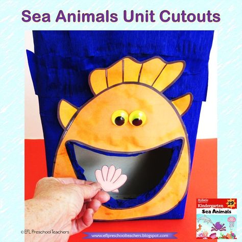 There are several more sea creatures to make the feed me box. I chose the fish. You can have children feed it anything. Use the cutouts or have them draw what they want to feed the fish. Feed The Fish Activity, Esl Kindergarten, Esl Elementary, Fish Activities, Big Sea, Vbs Themes, Esl Activities, Teacher Material, Ela Activities